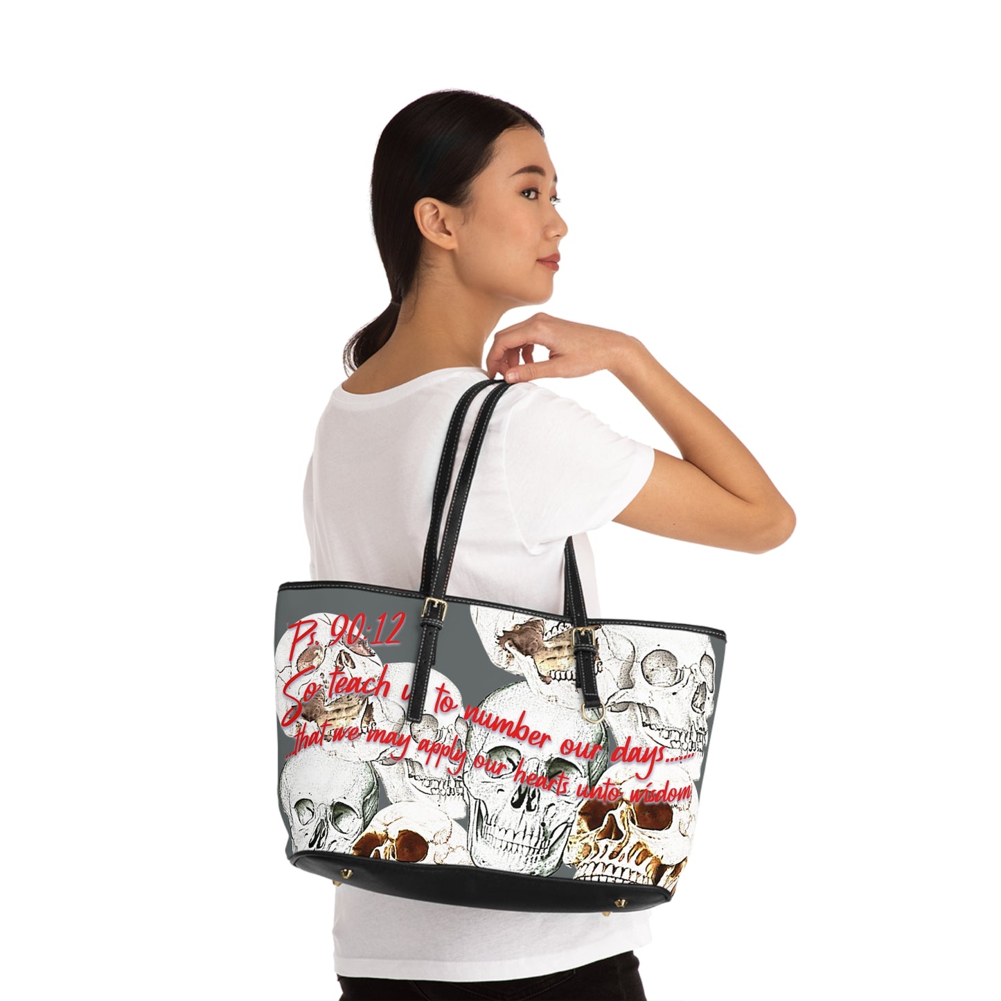 Psalm 90:12 PU Leather Shoulder Bag with Artistic Skull Design - Stylish Tote for Fashion Enthusiasts