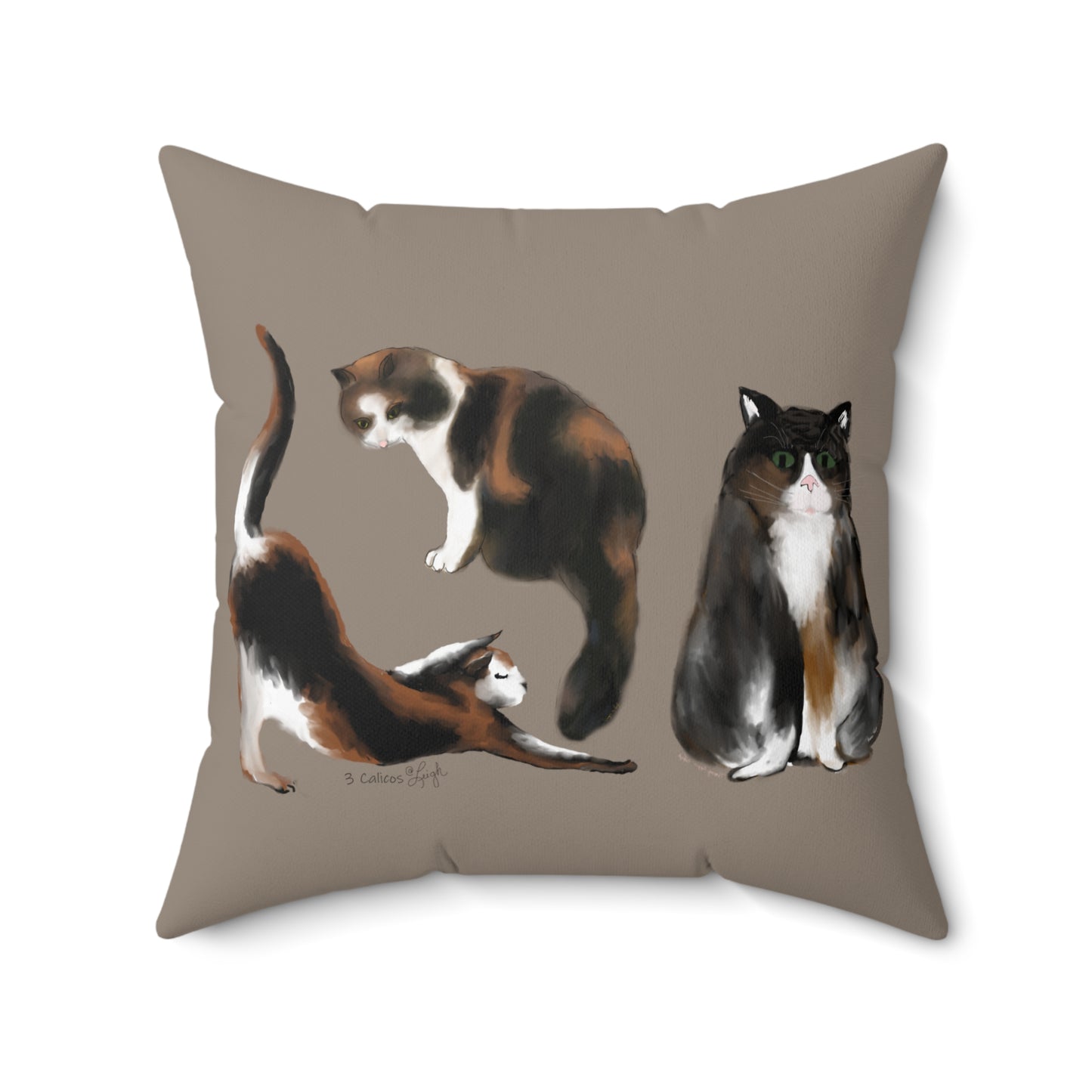 Scribble Cats 3 Calicos - Taupe - Spun Polyester Square Pillow