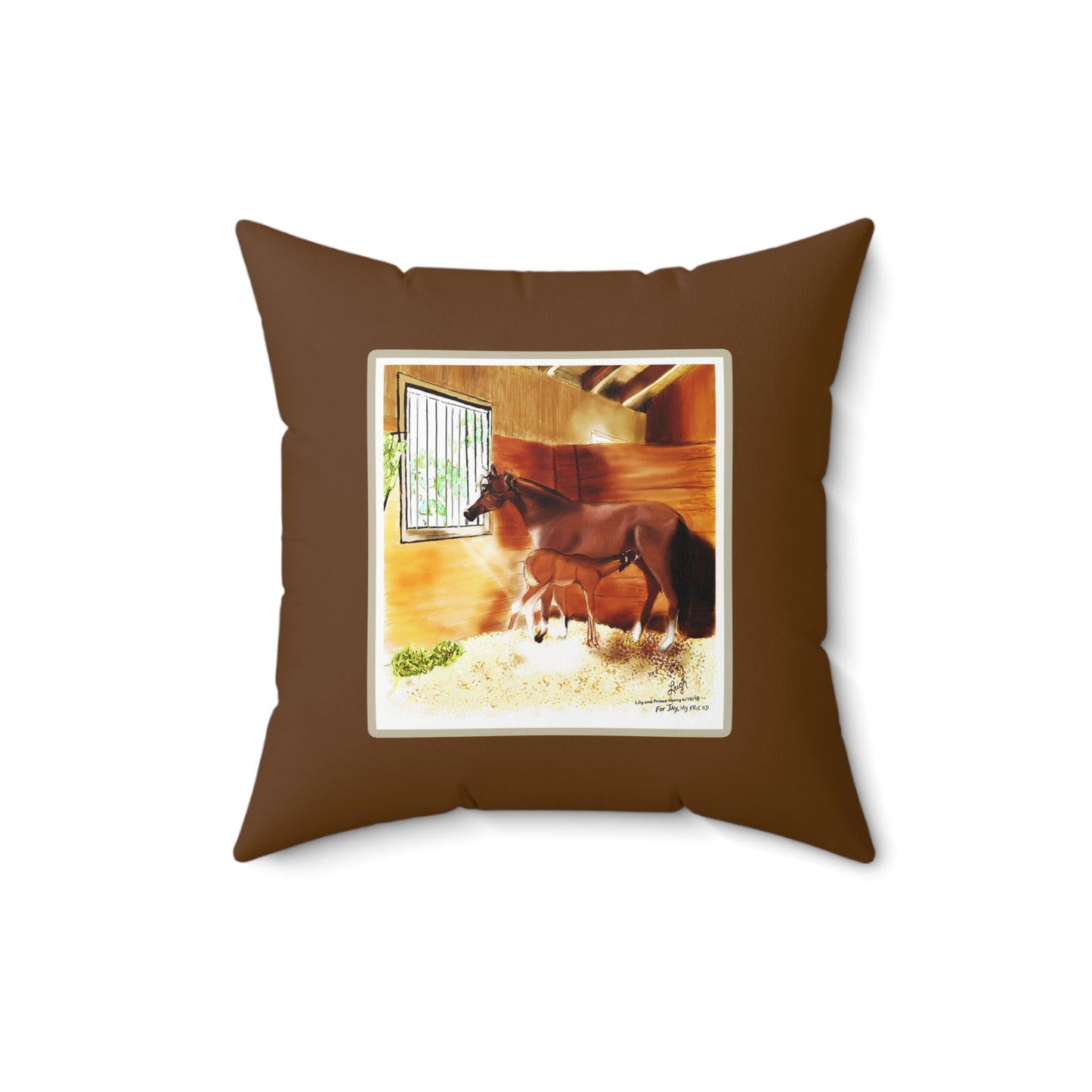 Mare & Foal - dark brown border Spun Polyester Square Pillow