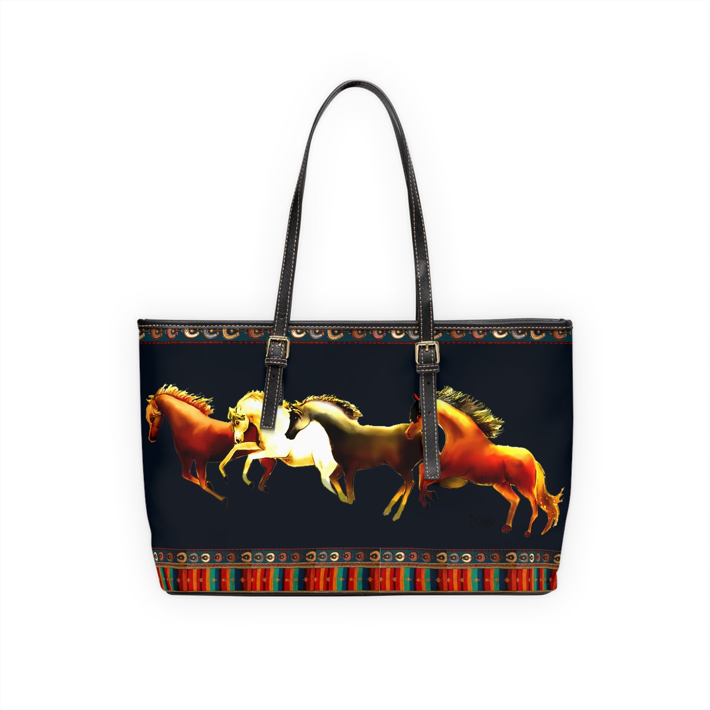 Dawn Treaders Blue PU Leather Shoulder Bag with Running Horses Design