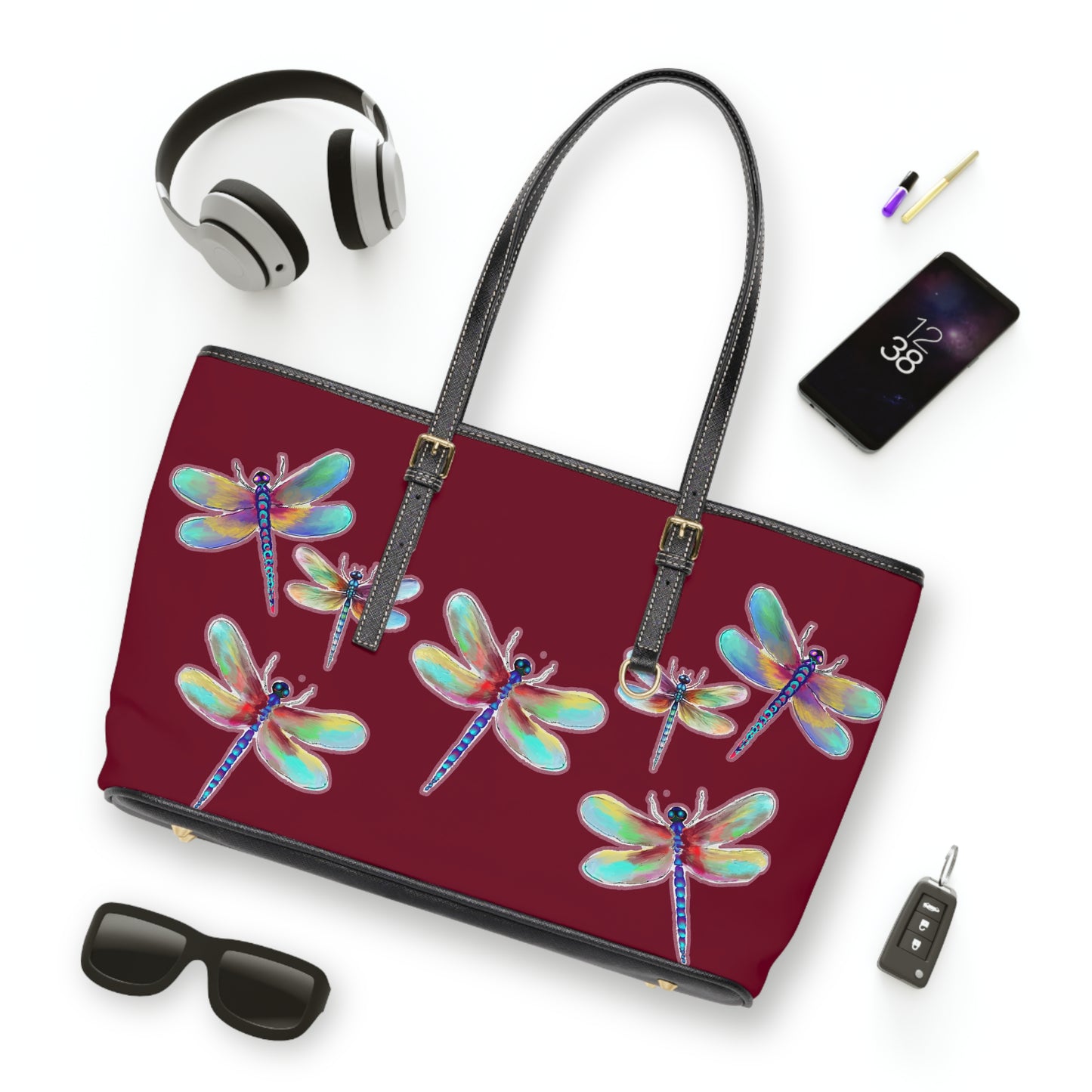Colorful Dragonfly on Red PU Leather Shoulder Bag – Stylish Tote for Nature Lovers