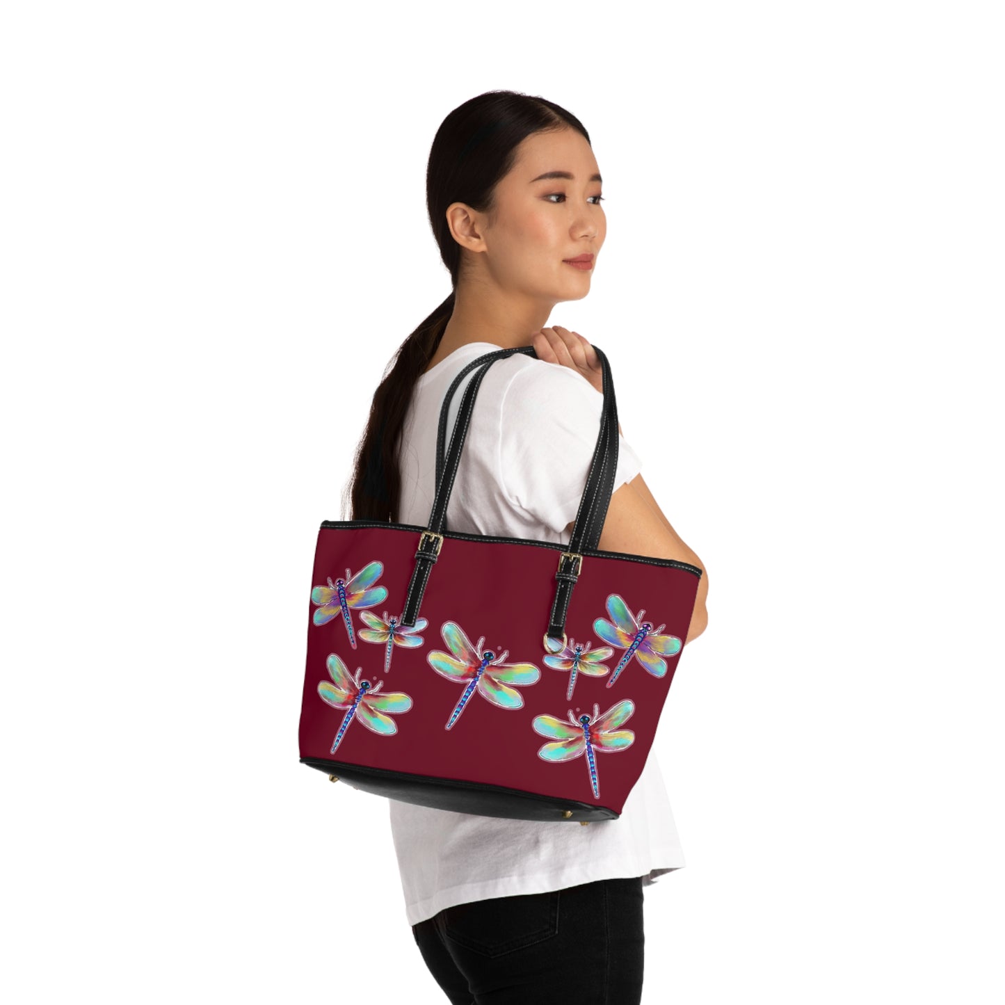 Colorful Dragonfly on Red PU Leather Shoulder Bag – Stylish Tote for Nature Lovers