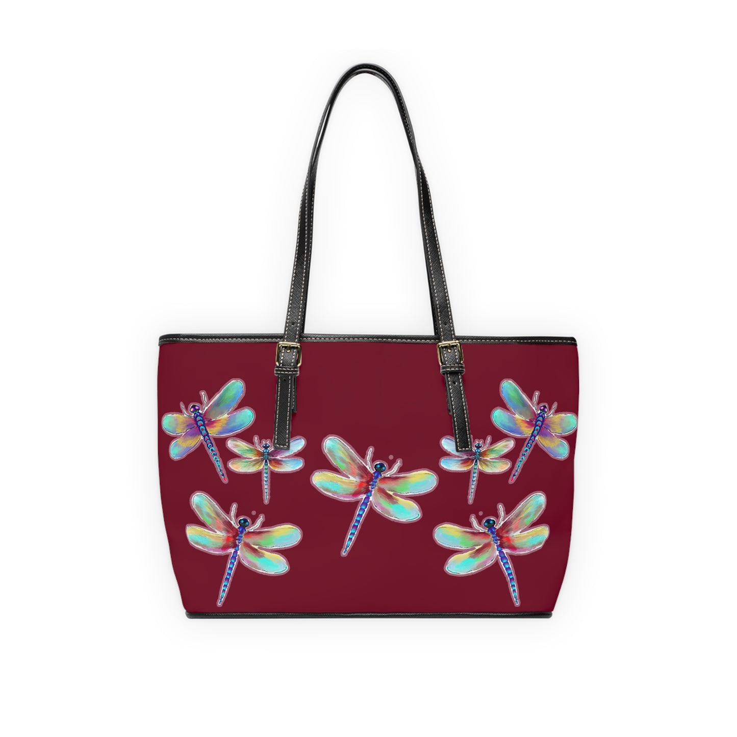 Colorful Dragonfly on Red PU Leather Shoulder Bag – Stylish Tote for Nature Lovers