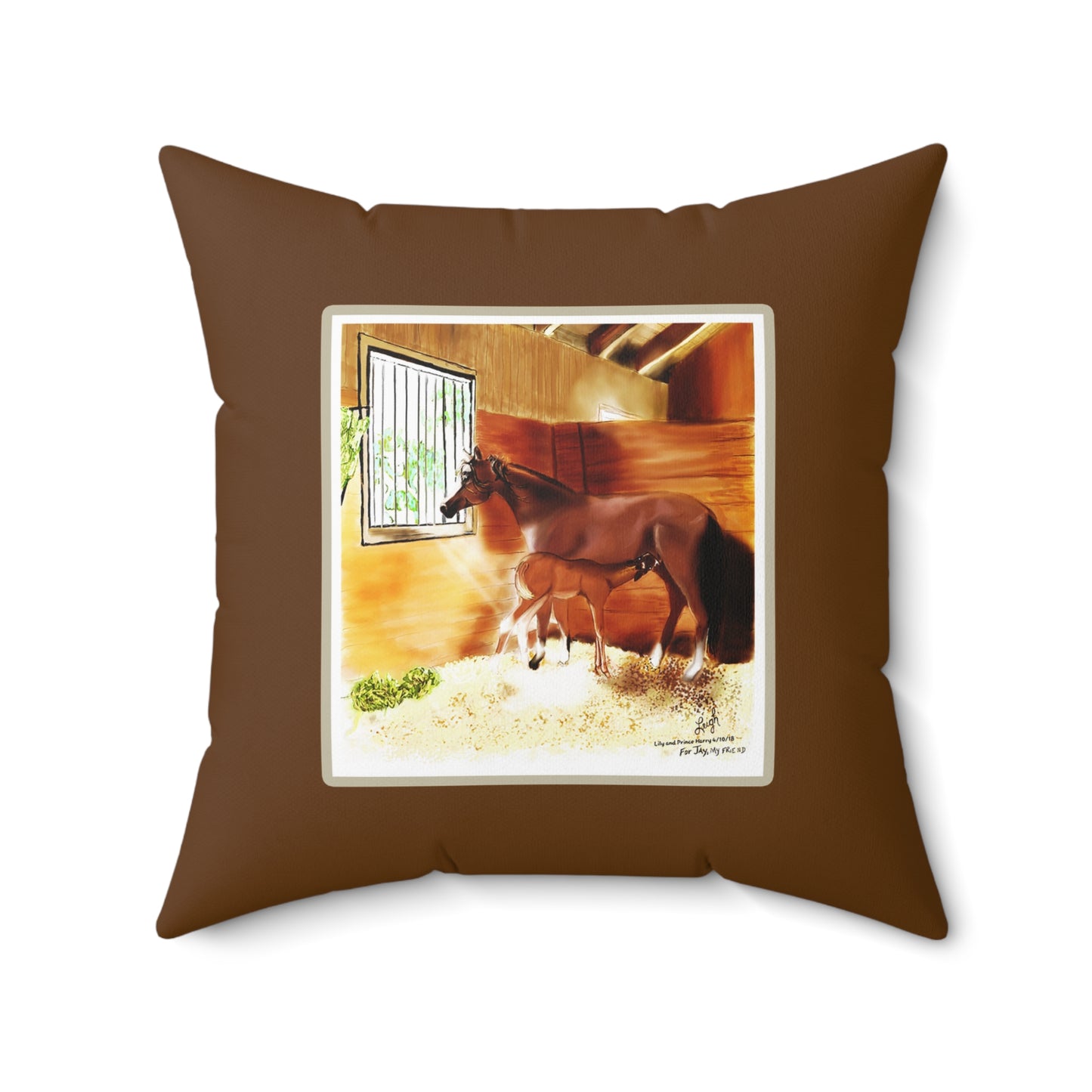 Mare & Foal - dark brown border Spun Polyester Square Pillow