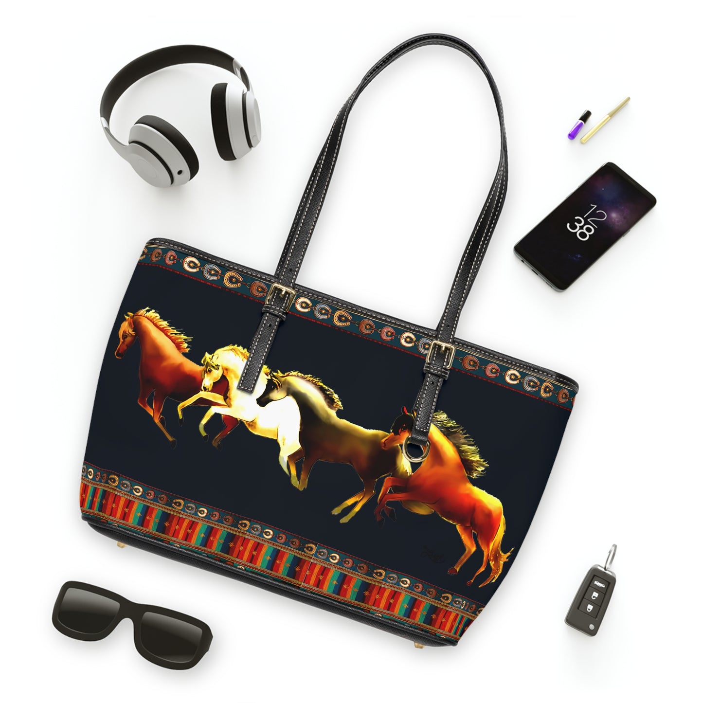 Dawn Treaders Blue PU Leather Shoulder Bag with Running Horses Design
