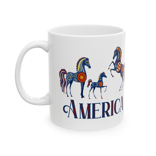 Patriot's Horse Design Ceramic Mug - 11oz & 15oz, Unique Gift for Horse Lovers, Coffee Lover, Home Decor, Americana