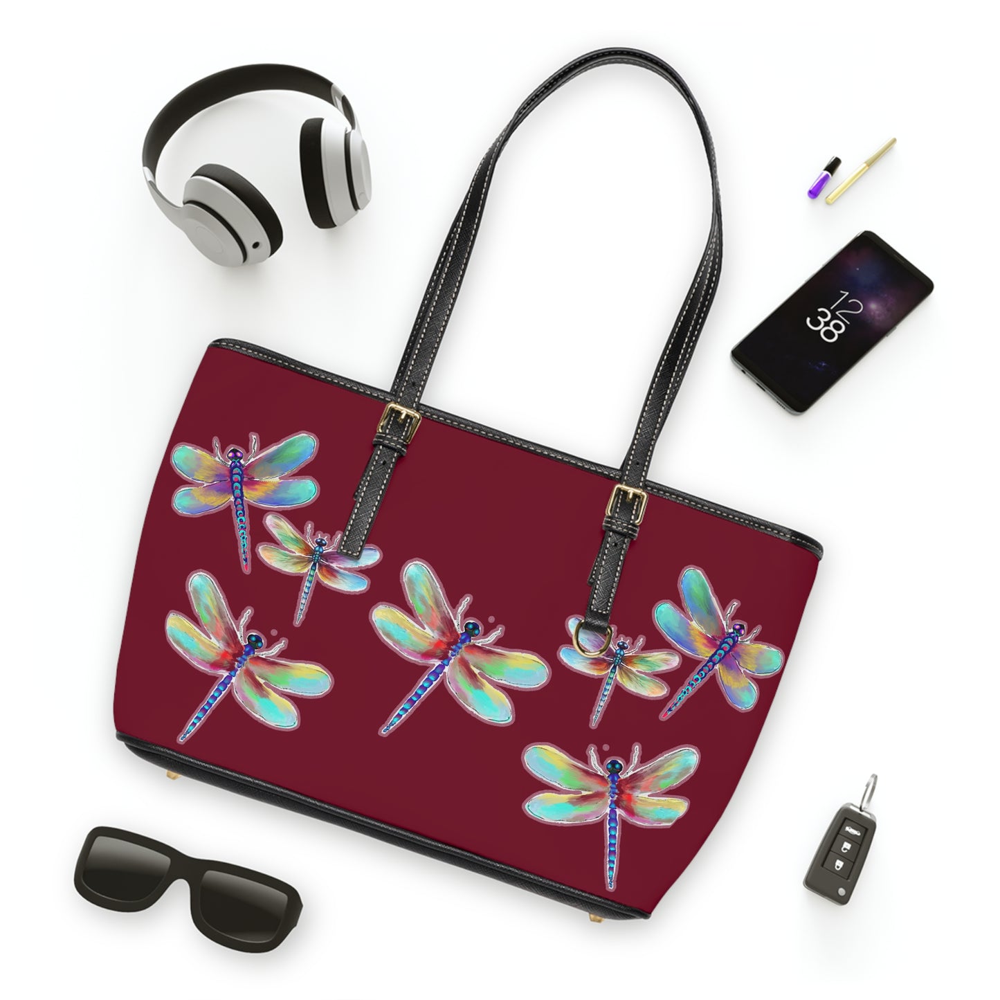 Colorful Dragonfly on Red PU Leather Shoulder Bag – Stylish Tote for Nature Lovers