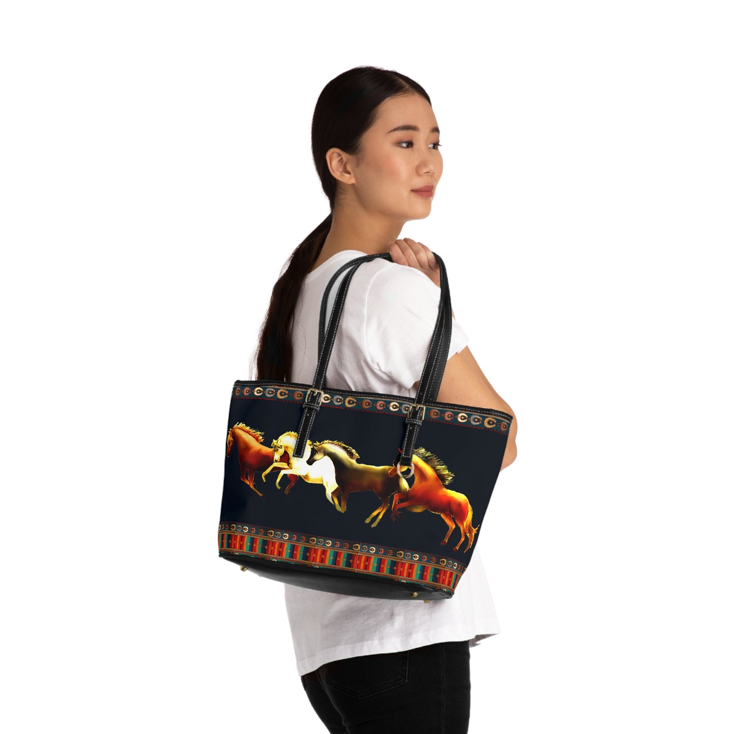 Dawn Treaders Blue PU Leather Shoulder Bag with Running Horses Design