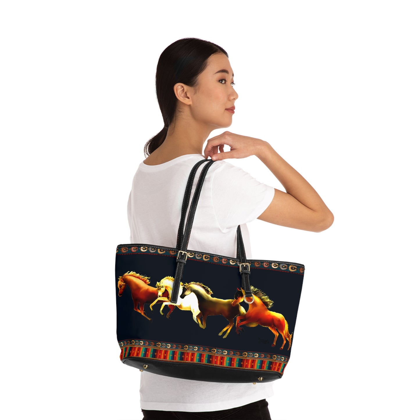 Dawn Treaders Blue PU Leather Shoulder Bag with Running Horses Design