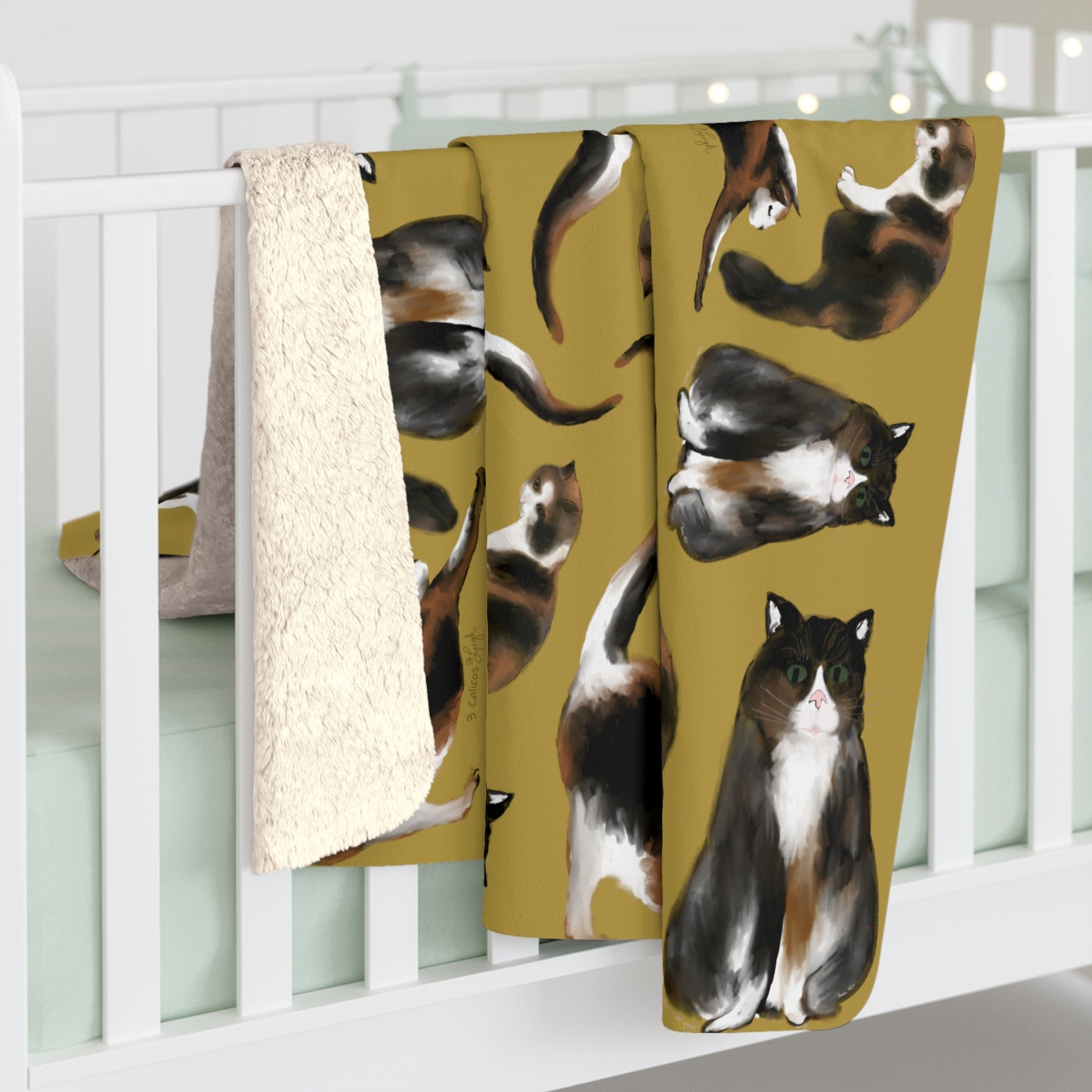 BLANKET - Scribbles Cats 3 Calicos - Gold - Sherpa Fleece Blanket