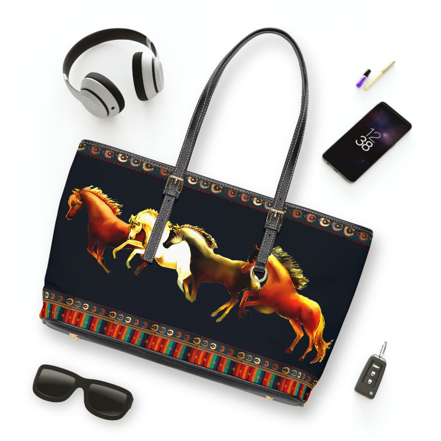 Dawn Treaders Blue PU Leather Shoulder Bag with Running Horses Design