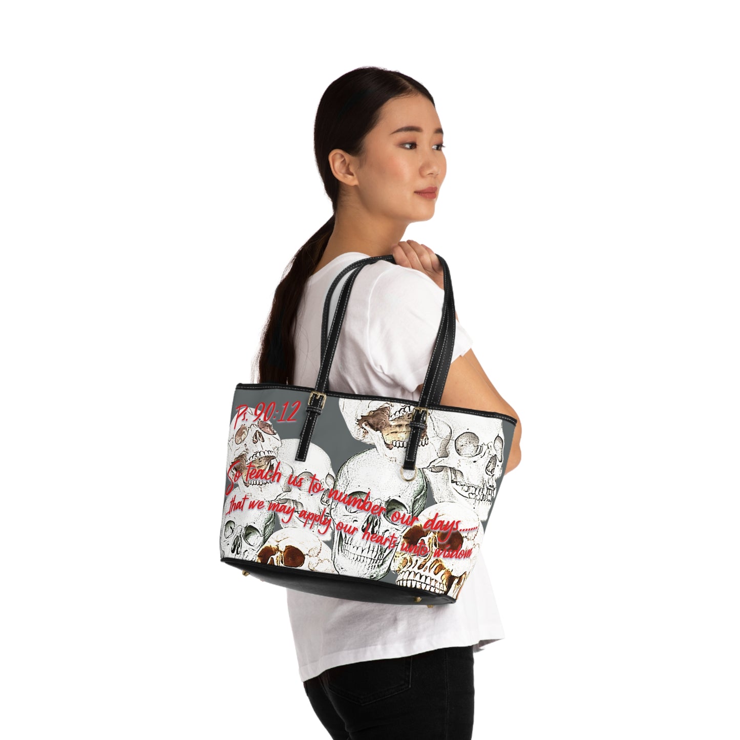 Psalm 90:12 PU Leather Shoulder Bag with Artistic Skull Design - Stylish Tote for Fashion Enthusiasts