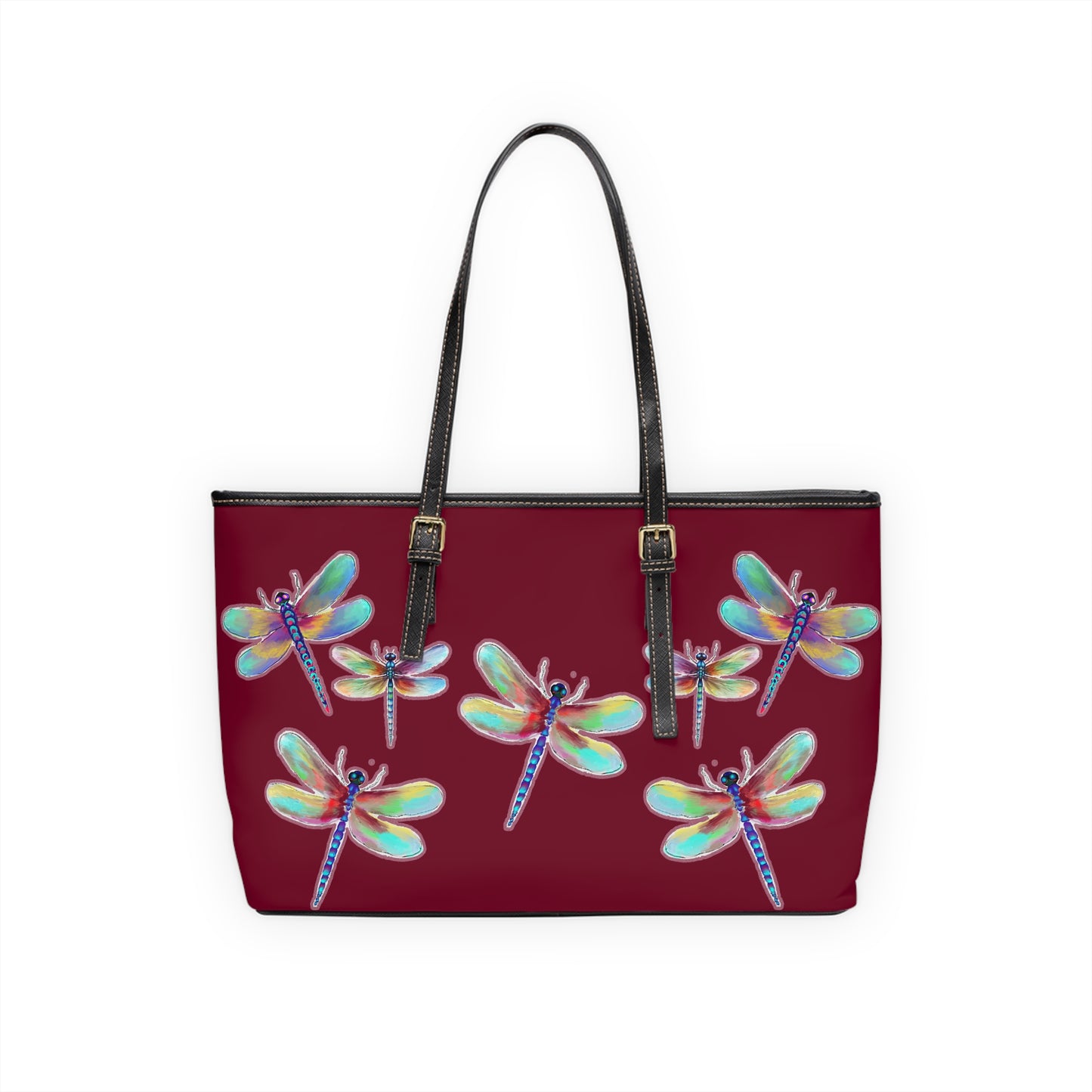 Colorful Dragonfly on Red PU Leather Shoulder Bag – Stylish Tote for Nature Lovers