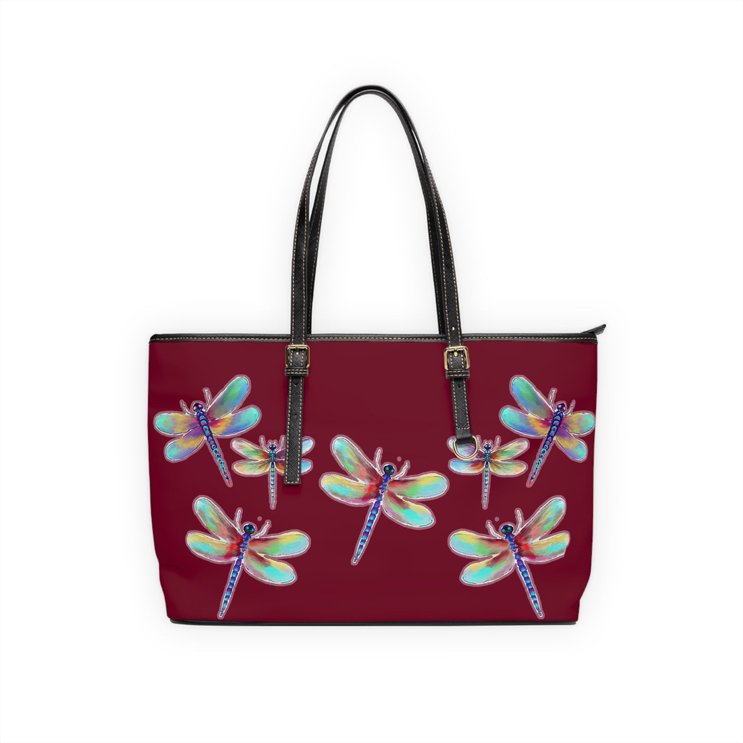 Colorful Dragonfly on Red PU Leather Shoulder Bag – Stylish Tote for Nature Lovers