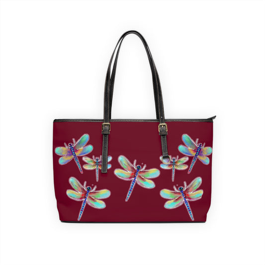 Colorful Dragonfly on Red PU Leather Shoulder Bag – Stylish Tote for Nature Lovers