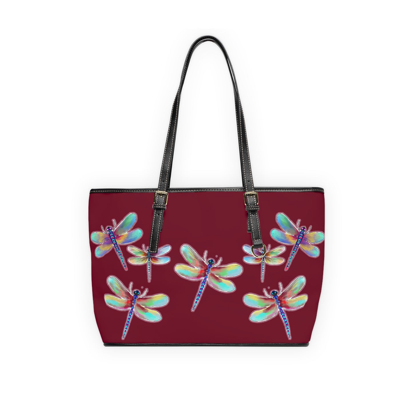 Colorful Dragonfly on Red PU Leather Shoulder Bag – Stylish Tote for Nature Lovers