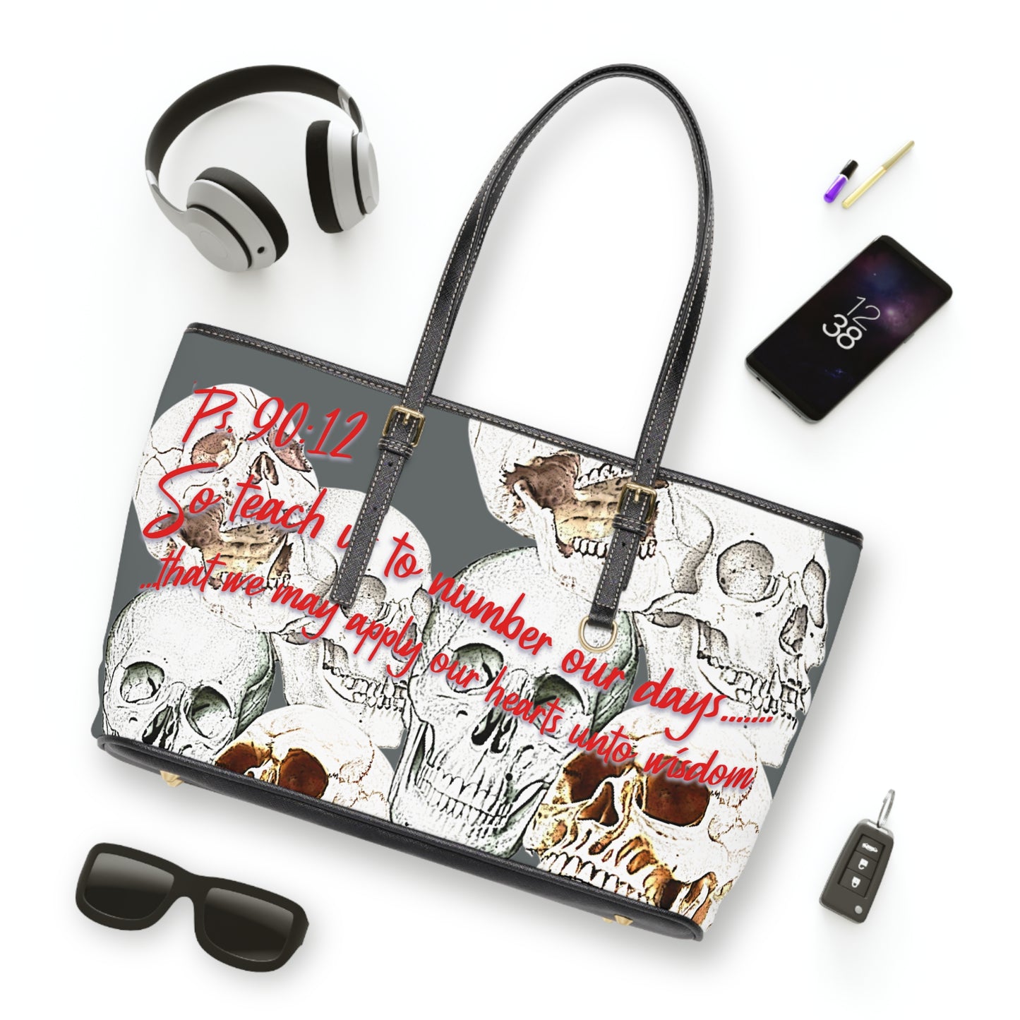 Psalm 90:12 PU Leather Shoulder Bag with Artistic Skull Design - Stylish Tote for Fashion Enthusiasts