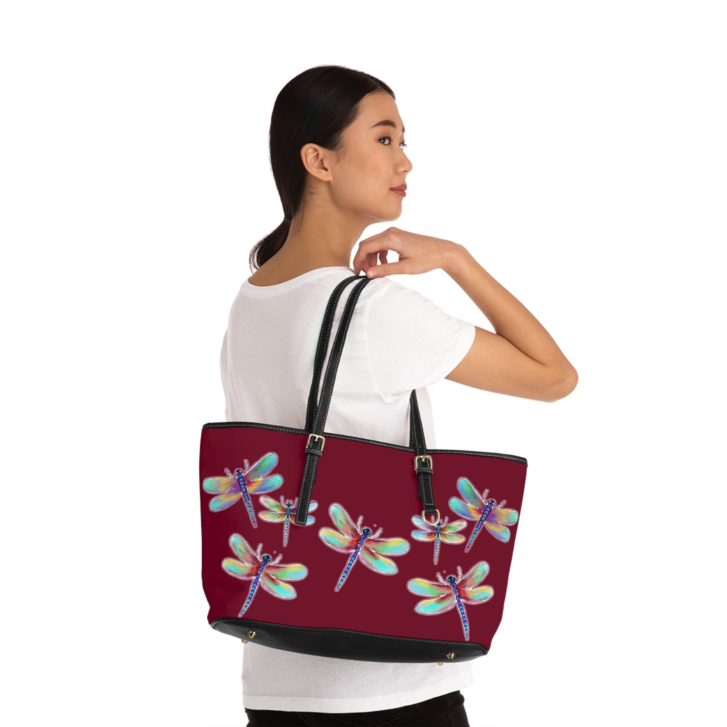 Colorful Dragonfly on Red PU Leather Shoulder Bag – Stylish Tote for Nature Lovers