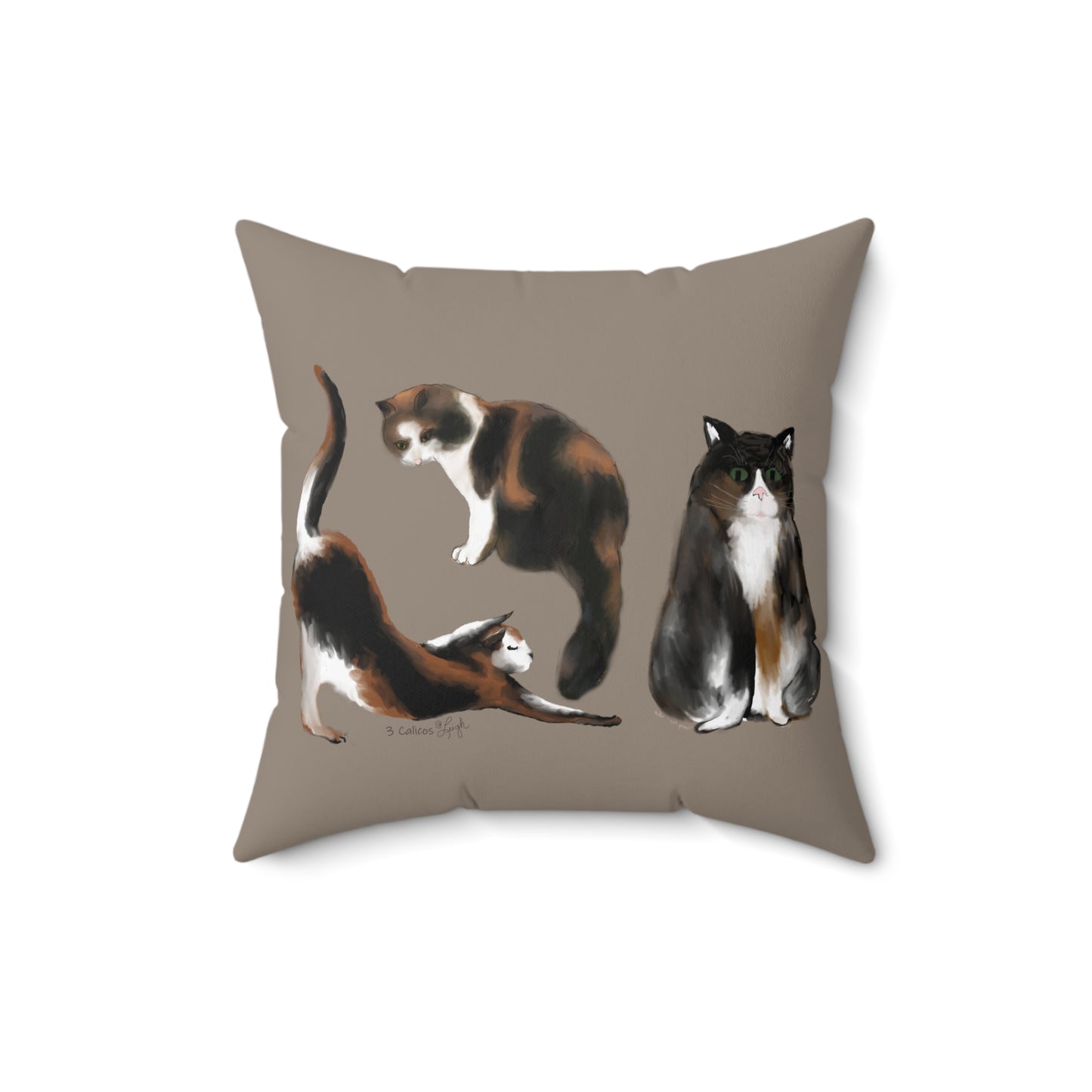 Scribble Cats 3 Calicos - Taupe - Spun Polyester Square Pillow
