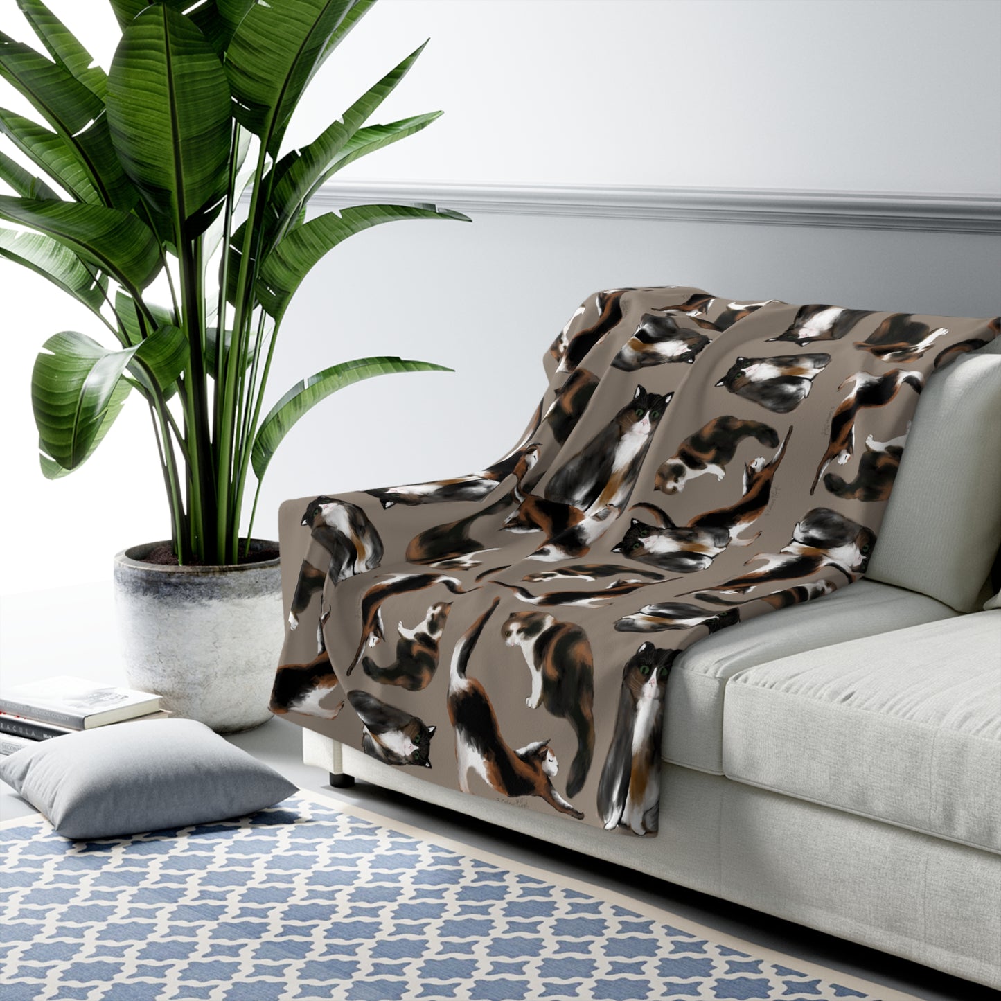 Scribbles Cats 3 Calicos - Taupe - Sherpa Fleece Blanket