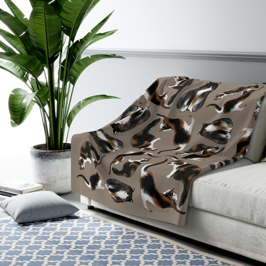 Scribbles Cats 3 Calicos - Taupe - Sherpa Fleece Blanket