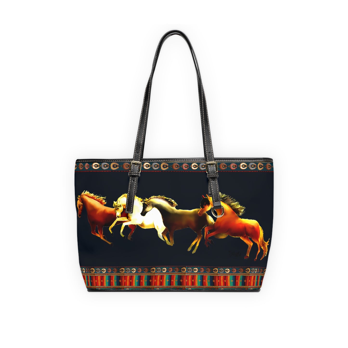 Dawn Treaders Blue PU Leather Shoulder Bag with Running Horses Design