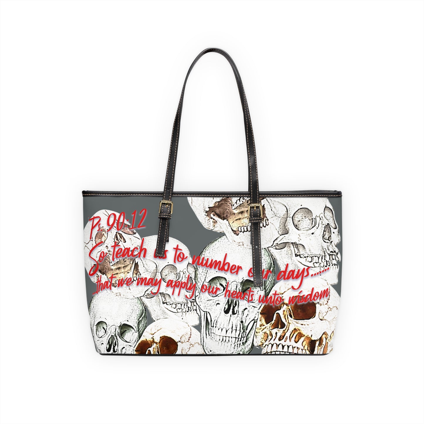 Psalm 90:12 PU Leather Shoulder Bag with Artistic Skull Design - Stylish Tote for Fashion Enthusiasts