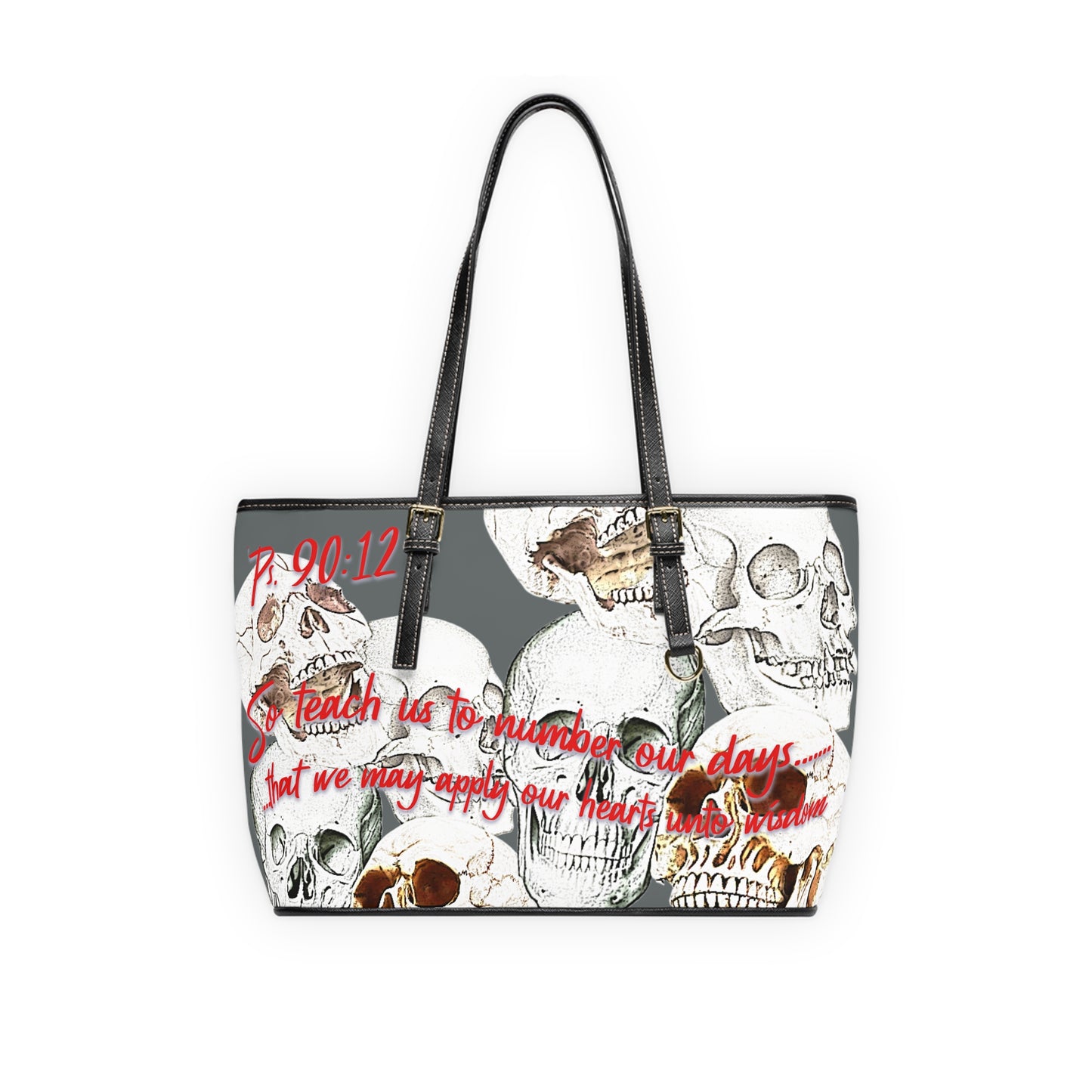 Psalm 90:12 PU Leather Shoulder Bag with Artistic Skull Design - Stylish Tote for Fashion Enthusiasts