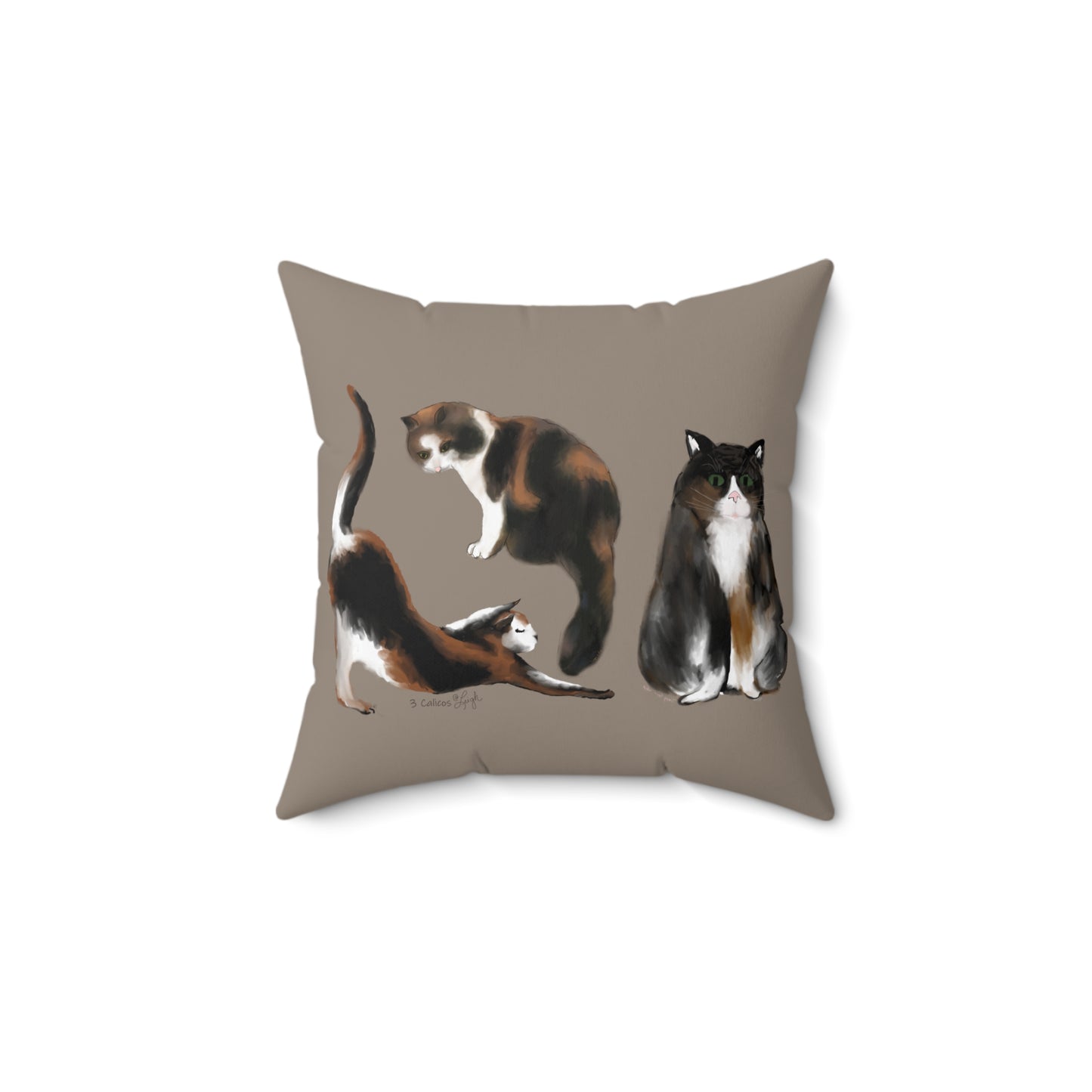Scribble Cats 3 Calicos - Taupe - Spun Polyester Square Pillow